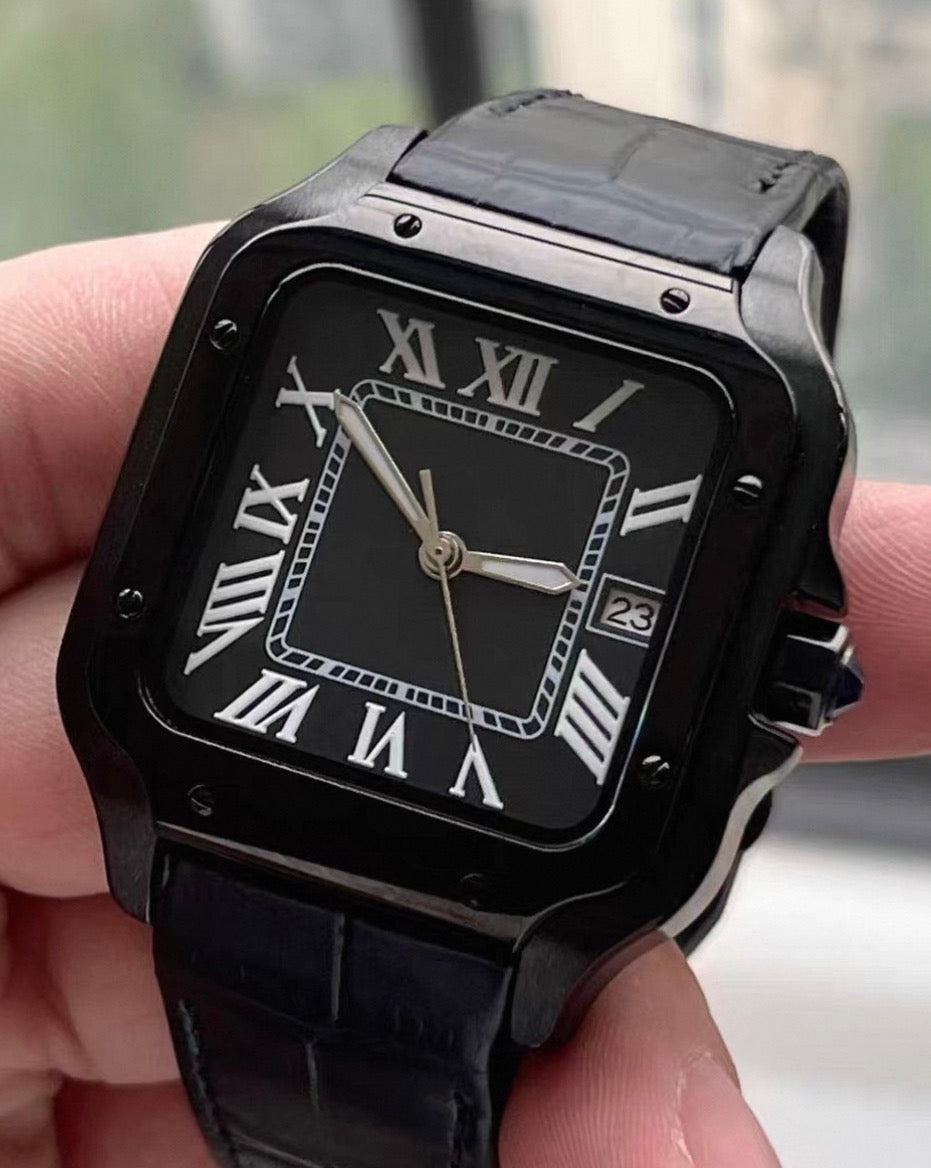 Seiko Mod Santos Skeleton Black Leather Strap