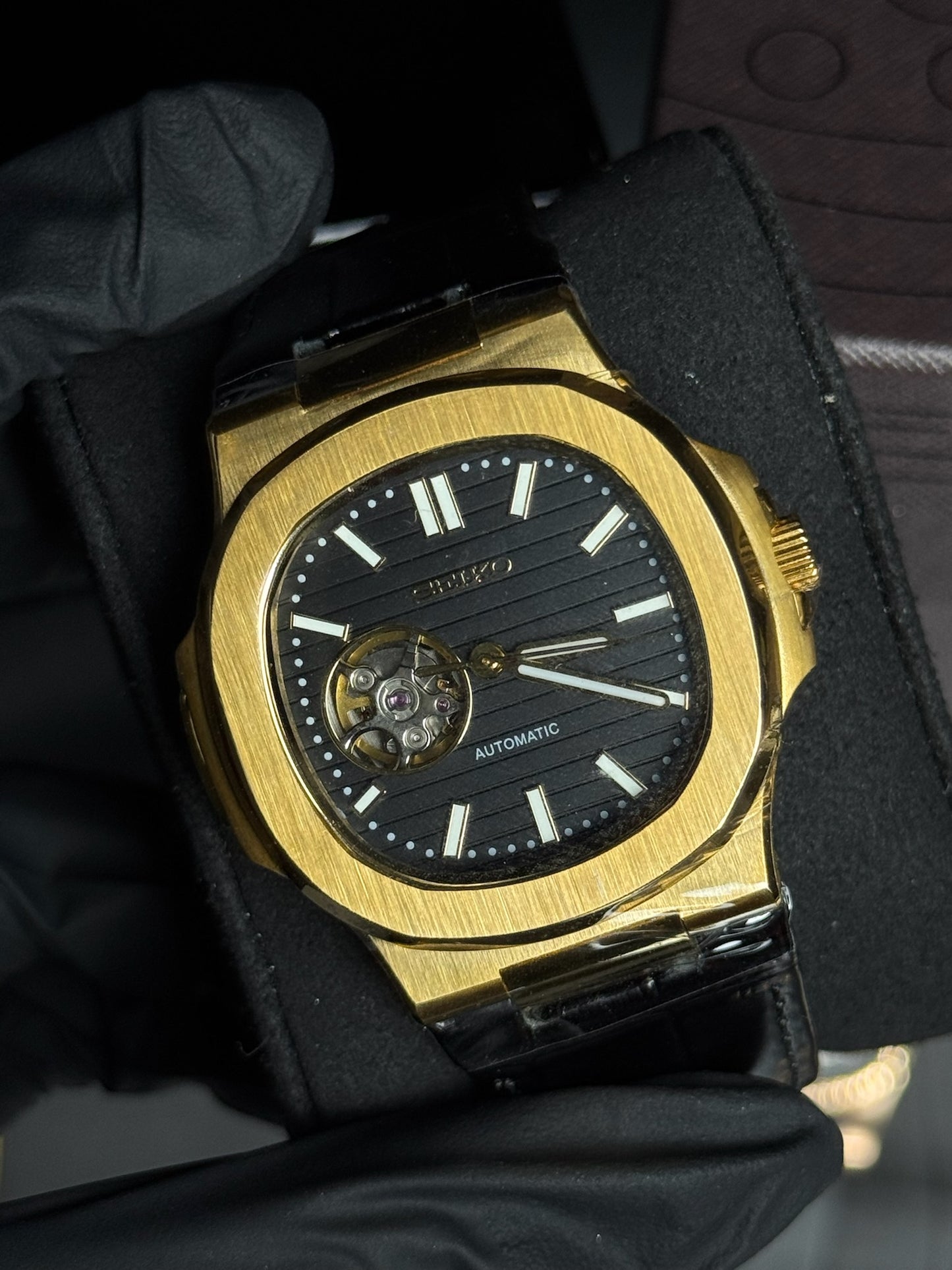 Seiko Mod Nautilus Open Heart Gold