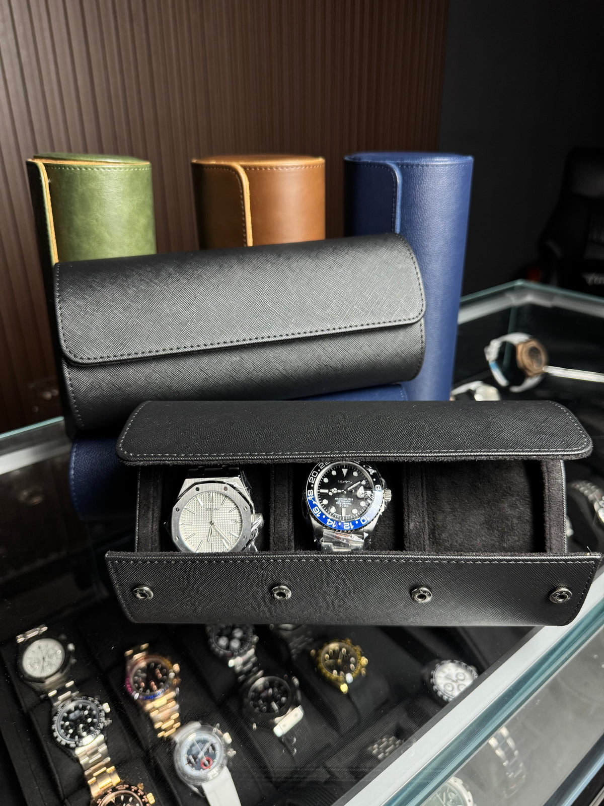 3 Slot Premium Flatback Leather Watch Travel Case