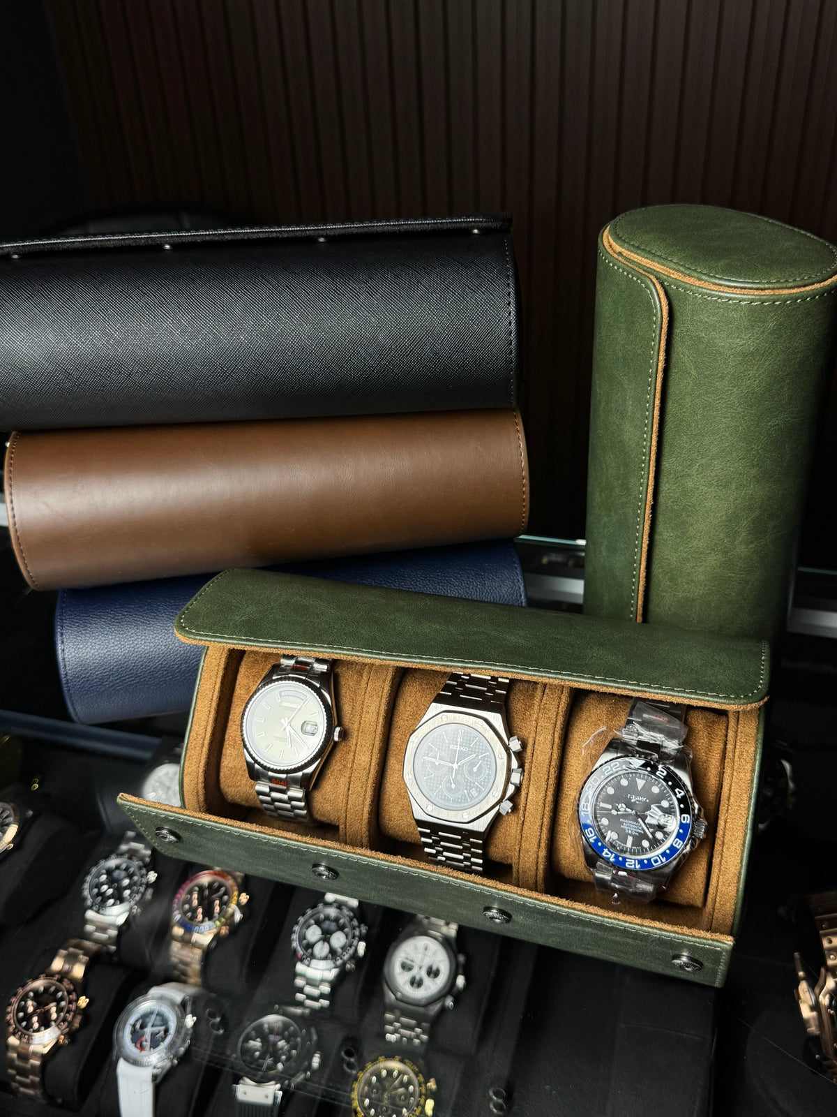 3 Slot Premium Flatback Leather Watch Travel Case