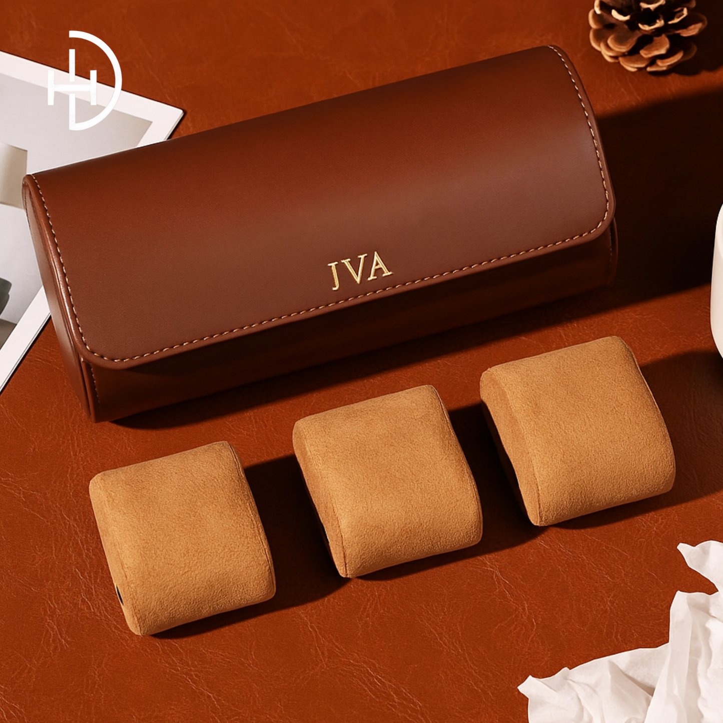 Custom Name Engraved 3 Slot Premium Leather Watch Case