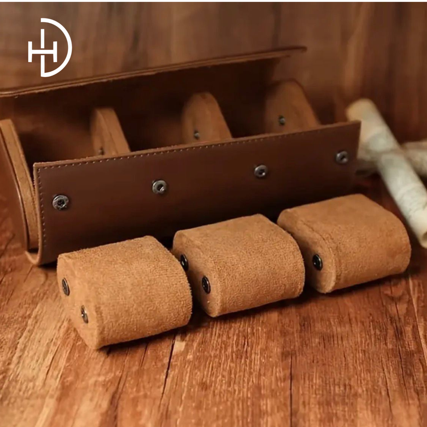 Custom Name Engraved 3 Slot Premium Leather Watch Case