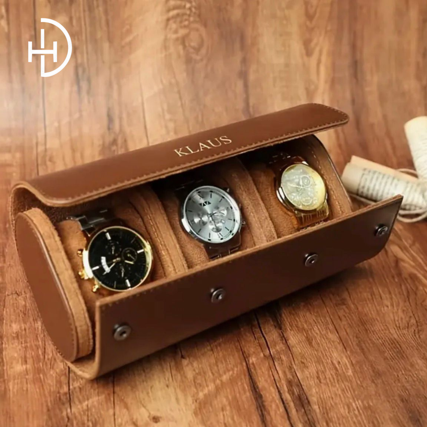 Custom Name Engraved 3 Slot Premium Leather Watch Case