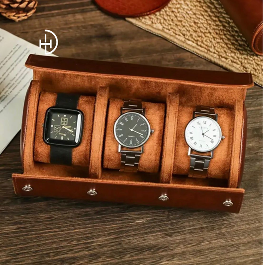 Custom Name Engraved 3 Slot Premium Leather Watch Case